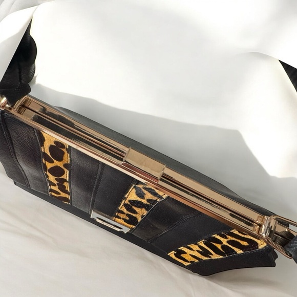 Dune London Calf Hair & Leather leopard print handbag w kiss lock - Picture 3 of 8